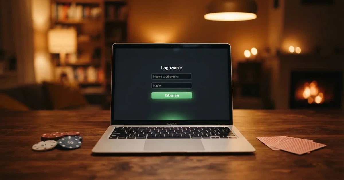 Ekran logowania do internetowego kasyna na laptopie, obok kart do gry i żetonów
